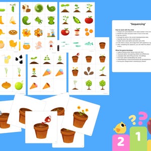 May include: A set of educational sequencing cards with colorful illustrations of plants, fruits, and animals. Includes cards with instructions and a game for children aged 2+. The cards are designed to help children learn about the developmental cycles.