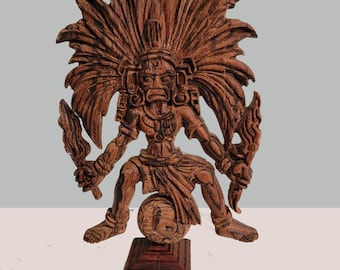 May include: A detailed wooden sculpture of a figure with an elaborate headdress, holding stylized flames. The figure is seated atop a carved sphere, mounted on a square base. The sculpture is a rich brown colour, showcasing intricate carvings and details.