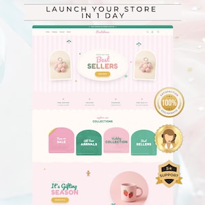 May include: A website interface for a store named Pastelmas featuring a light pink striped background, a Best Sellers section with flower keychains, and navigation links. The page includes text such as Launch Your Store In 1 Day, It's Gifting Season, and three gold circular badges.