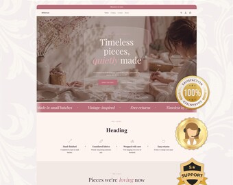 May include: A website template design featuring a dusty rose and cream color palette. The header displays the text Launch Your Store In 1 Day. The hero section includes the text Timeless pieces, quietly made. Three gold circular badges are visible.