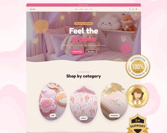 May include: A website template interface titled "LAUNCH YOUR STORE IN 1 DAY" featuring a "Lilac Haze" header, a hero section with "Feel the groove" text, and a "Shop by category" section displaying gifts, stickers, and accessories icons.