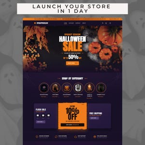 Könnte beinhalten: Eine Website-Oberfläche für einen Halloween-Shop namens Spooktacular mit schwarzem Hintergrund und orangefarbenem Text. Der Hauptbereich zeigt einen Halloween-Sale mit Kürbissen und Zuckermais. Darunter befinden sich Kategorie-Symbole.