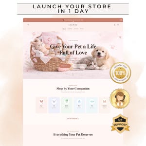 Könnte beinhalten: Eine Website-Homepage für Luna Kitty, einen Tierbedarfsladen, mit einem Korb mit Tierprodukten, einer Katze und einem Welpen. Der Text lautet "Give Your Pet a Life Full of Love" und "Launch Your Store in 1 Day."