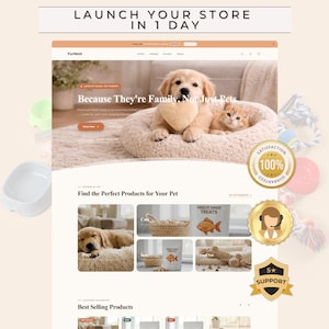 Pode incluir: Maquete de site para uma loja de animais, com um filhote de golden retriever e um gatinho em uma cama para animais de estimação. O site inclui o texto "LANÇE SUA LOJA EM 1 DIA" e "Porque eles são família, não apenas animais de estimação."