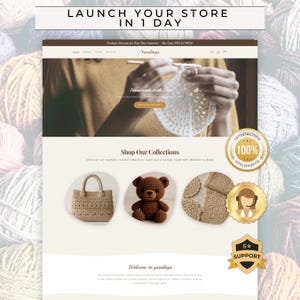 Könnte beinhalten: Eine Website-Homepage für Yarnlings mit handgefertigten Häkelartikeln. Die Seite zeigt eine Häkeltasche, einen Teddybären und Deckchen. Der Text enthält "LAUNCH YOUR STORE IN 1 DAY" und "Handmade with love."