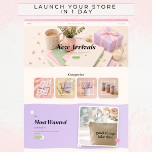 Tema pastel de Shopify para tienda de papelería, regalos bonitos y artículos hechos a mano, plantilla de comercio electrónico original, boutique de artesanos, marca de diarios.
