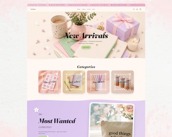 May include: A website layout titled LAUNCH YOUR STORE IN 1 DAY featuring a hero section with a mug, flowers, gift box, and notebooks. Below are category boxes for New Arrivals, Best sellers, New on sale, and Gift ideas, plus a Most Wanted section.