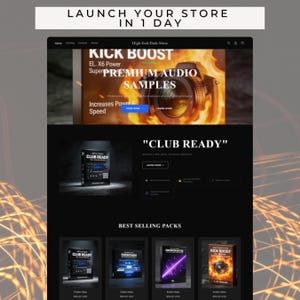 May include: A website interface for High-End-Dark-Store featuring a hero section with a camera graphic, the text KICK BOOST, PREMIUM AUDIO SAMPLES, and a section for CLUB READY presets. Below are product boxes for audio sample packs.