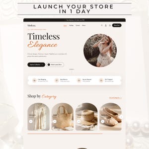 May include: A website interface for Modeza featuring the text Timeless Elegance, a circular image of a person, and navigation menus. The layout includes sections for shop by category with icons for dresses, bags, outerwear, and bottoms.