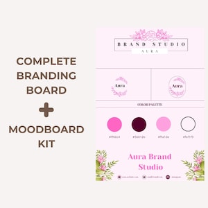 May include: A complete branding board and mood board kit with a pink and white color scheme. The design includes the text "Brand Studio Aura" and a color palette with pink and burgundy shades. The kit also features the text "Aura Brand Studio".