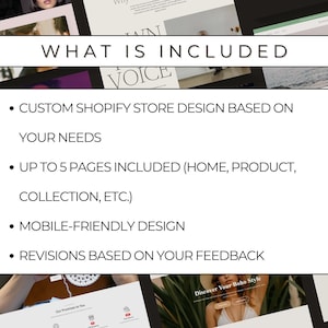 May include: A white graphic with the text "WHAT IS INCLUDED" at the top. Below, bullet points list services: custom Shopify store design, up to 5 pages, mobile-friendly design, and revisions based on feedback. The image promotes web design services.