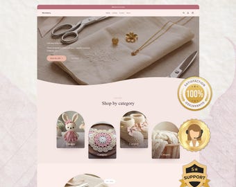 May include: A website mockup titled LAUNCH YOUR STORE IN 1 DAY featuring a Moonberry brand header, a hero image of embroidery and jewelry, and a Shop by category section with images of a crochet rabbit, doily, booties, and basket.