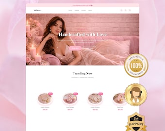 May include: A website mockup with a pink theme, featuring the text "LAUNCH YOUR STORE IN 1 DAY" at the top. The site showcases jewelry, with the words "Handcrafted with Love" and "Trending Now". There are also icons for customer support and satisfaction.