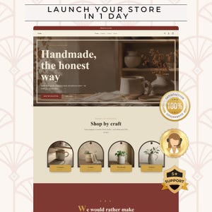 Może przedstawiać: Projekt szablonu strony internetowej w kolorze kremowym i ciemnoczerwonym. Nagłówek zawiera tekst "LAUNCH YOUR STORE IN 1 DAY" oraz "Handmade, the honest way". Poniżej sekcja "Shop by craft" prezentuje cztery łukowate ramki na zdjęcia.