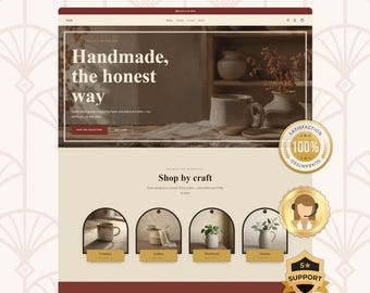 May include: A website template design featuring a cream and dark red color scheme. The header displays the text "LAUNCH YOUR STORE IN 1 DAY" and "Handmade, the honest way." Below, a "Shop by craft" section shows four arched image frames.