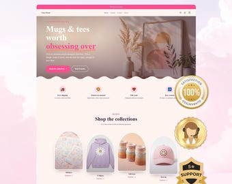 May include: A website interface titled Launch Your Store In 1 Day featuring a hero section with the text Mugs & tees worth obsessing over, a Shop the collections section with stickers, a lavender hoodie, gift sets, and a pink smiley face baseball cap.
