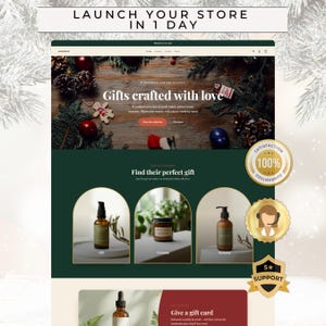 May include: A website interface featuring a holiday-themed header with text reading LAUNCH YOUR STORE IN 1 DAY and Gifts crafted with love. The page displays three arched product categories labeled Oil, Creams, and Serums, alongside three gold badges.
