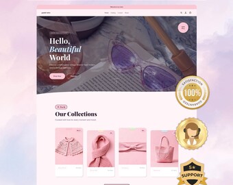 May include: A website template design featuring the text LAUNCH YOUR STORE IN 1 DAY at the top. The page displays a hero section with purple sunglasses and a book, followed by a collections section showing a pink cape, scarf, headband, and tote bag.