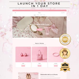 Puede incluir: Maqueta de sitio web en rosa y blanco, que anuncia el lanzamiento de una tienda en un día. El sitio presenta joyas, moda y accesorios. El texto incluye "Handcrafted with Love" y "Shop by Collection."