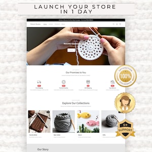 Puede incluir: Una captura de pantalla del sitio web de Stitch Studio, con el texto "LAUNCH YOUR STORE IN 1 DAY". El sitio muestra artículos hechos a mano, incluyendo proyectos de ganchillo e hilo. El sitio promete envío gratuito y calidad premium.