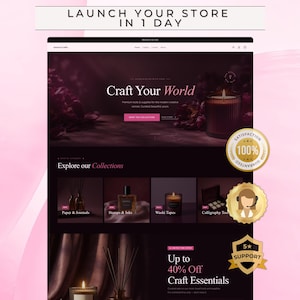 May include: A website template for a craft store featuring a dark purple color scheme, a hero section with the text Craft Your World, and a shop by category section. Three gold circular badges are displayed on the right side of the screen.