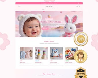 May include: A website homepage for "Petal & Play" featuring baby products. The site includes a smiling baby in a hooded outfit, a plush bunny, and product categories like baby clothes and educational toys. Text reads "LAUNCH YOUR STORE IN 1 DAY."
