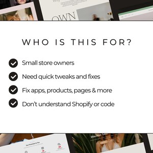 K&ouml;nnte beinhalten: Wei&szlig;er Hintergrund mit der Frage "WHO IS THIS FOR?" und einer Liste. Die Liste enth&auml;lt "Small store owners", "Need quick tweaks and fixes", "Fix apps, products, pages & more" und "Don't understand Shopify or code."