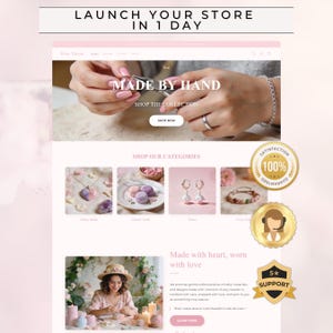 May include: A website mockup with the text "LAUNCH YOUR STORE IN 1 DAY" at the top. The site features handmade jewelry, with the words "MADE BY HAND" and "SHOP THE COLLECTION". Categories include jewelry, bath products, and accessories. A woman is shown crafting.