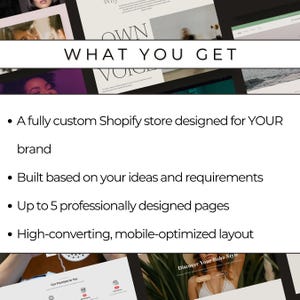 May include: A webpage design with the text "OWN WHAT YOU GET" and bullet points describing Shopify store features. The bullet points highlight custom design, idea-based builds, up to 5 pages, and mobile optimization. The image also includes the text "Discover Your Boho Style."