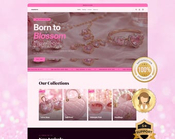 May include: A website design with a pink theme, showcasing jewelry and handbags. The text "LAUNCH YOUR STORE IN 1 DAY" is at the top. The website features the text "Born to Blossom Darling" and "Our Collections."