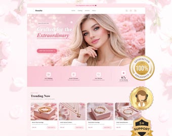 May include: A website design with a pink and white color scheme, featuring the text "LAUNCH YOUR STORE IN 1 DAY" and "Crafted for the Extraordinary." The site showcases jewelry, with icons for free shipping and customer support. A woman is featured in the center.