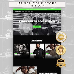Könnte beinhalten: Ein Website-Mockup mit einem schwarz-grünen Thema, das eine Streetwear-Kollektion präsentiert. Die Seite zeigt Bilder von Models, Produktkategorien und den Text "LAUNCH YOUR STORE IN 1 DAY". Enthält ein "100% Zufriedenheitsgarantie"-Abzeichen.