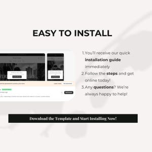 May include: A light beige graphic with the text "EASY TO INSTALL" at the top. Below are two mockups of a website on a phone and a computer. The text includes instructions and the phrase "Download the Template and Start Installing Now!"