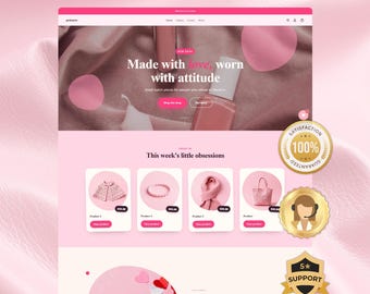 May include: A website interface titled LAUNCH YOUR STORE IN 1 DAY featuring a pink color scheme. The page displays a hero section with text Made with love, worn with attitude, a product grid with four items, and three gold circular badges.