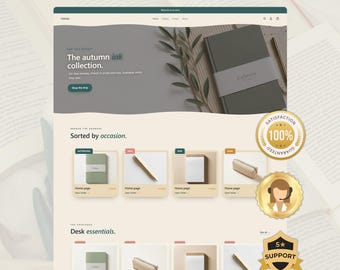 May include: A website template design titled Launch Your Store In 1 Day featuring a hero section with The autumn ink collection text, a product grid displaying notebooks, pens, and cases, and three gold circular badges indicating satisfaction and support.