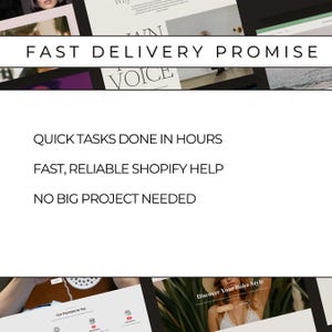 K&ouml;nnte beinhalten: Eine digitale Grafik mit dem Text "FAST DELIVERY PROMISE" und "VOICE" oben. Darunter steht der Text "QUICK TASKS DONE IN HOURS", "FAST, RELIABLE SHOPIFY HELP" und "NO BIG PROJECT NEEDED". Der untere Teil des Bildes zeigt Website-Screenshots.