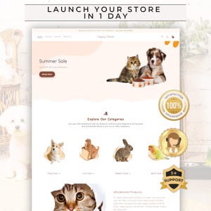 Könnte beinhalten: Ein Website-Mockup für "Yappy Meals" Tierbedarf, mit einem Sommer-Sale-Banner und Kategorie-Icons für Hunde-, Katzen- und Kaninchenfutter. Die Seite enthält Bilder einer Katze und eines Hundes sowie eine Überschrift "Launch Your Store in 1 Day".