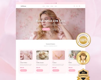 May include: A website mockup with the text "LAUNCH YOUR STORE IN 1 DAY" at the top. The site features a woman, jewelry, and product listings for a charm necklace, toddler sneakers, a necklace, and a rabbit. The site also includes a "100% Satisfaction Guaranteed" badge.