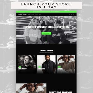 Shopify-tema för mörkt streetwear, modern mall för urban modebutik, djärv e-handelswebbplats, design för Hype-klädmärkesbutik