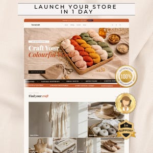 May include: A website mockup for TerraCraft, showcasing a variety of craft supplies. The site features a basket of colorful yarn, a satisfaction guarantee badge, and a customer support icon. The text reads "Launch Your Store in 1 Day."