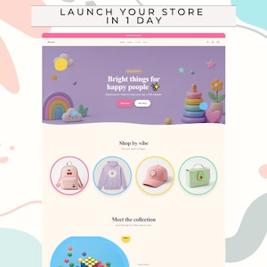 Könnte beinhalten: Ein Website-Template-Design mit dem Text LAUNCH YOUR STORE IN 1 DAY oben. Die Seite zeigt einen violetten Heldenbereich mit einem Regenbogen, gestapelten Ringen und dem Text Bright things for happy people. Darunter befinden sich vier runde Produkt-Icons.