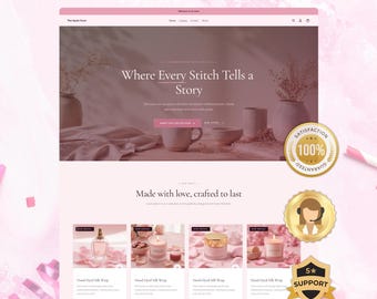 May include: A website template interface featuring a soft pink color palette, displaying the text 'LAUNCH YOUR STORE IN 1 DAY' at the top, followed by a hero section with the text 'Where Every Stitch Tells a Story' and product listings below.
