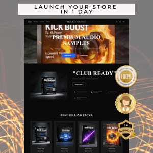 Puede incluir: Una captura de pantalla de un sitio web con el texto "LAUNCH YOUR STORE IN 1 DAY." El sitio presenta un tema oscuro con imágenes de productos y texto. La sección superior destaca "KICK BOOST" y "PREMIUM AUDIO SAMPLES." Otras secciones incluyen "CLUB READY" y "BEST SELLING PACKS."