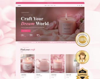 May include: A website mockup with a pink and white color scheme, featuring the text "Craft Your Dream World." The site showcases candles, embroidery, and other craft supplies. The text "LAUNCH YOUR STORE IN 1 DAY" is at the top.