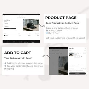 May include: A product page mockup for a baseball cap, with the text "Baseball Cap" and a photo of the cap. The page includes options to add to cart or buy now. The cart is always in reach, allowing for instant shopping.
