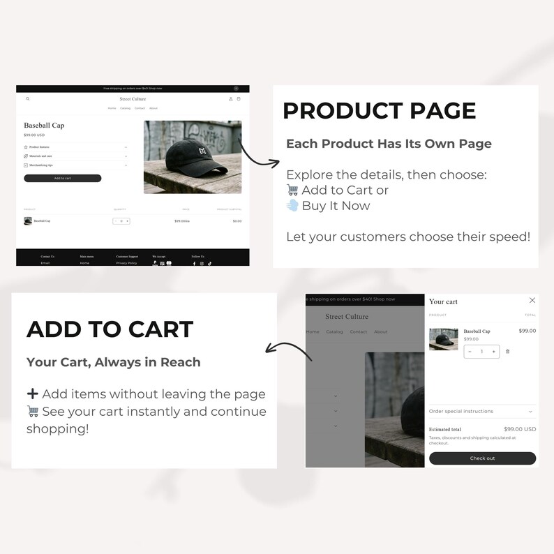 May include: A product page mockup for a baseball cap, with the text "Baseball Cap" and a photo of the cap. The page includes options to add to cart or buy now. The cart is always in reach, allowing for instant shopping.