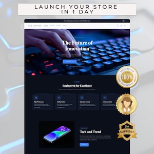 Può includere: Mockup di sito web con un tema blu scuro, che mostra una tastiera e uno smartphone. Il testo recita "LAUNCH YOUR STORE IN 1 DAY" e "The Future of Innovation". Include badge per soddisfazione e supporto.