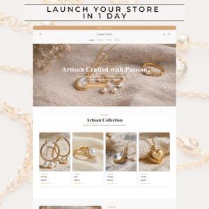 May include: A website interface titled Launch Your Store In 1 Day featuring a jewelry shop named Lunea Crafts. The page displays gold jewelry with pearls, including necklaces, rings, and earrings, organized in an Artisan Collection grid layout.