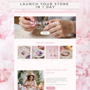 May include: A website interface for Rosy Thread featuring the text LAUNCH YOUR STORE IN 1 DAY, MADE BY HAND, and SHOP THE COLLECTION. The layout displays jewellery categories including necklaces, earrings, and bracelets with pink accents.