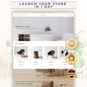 Pode incluir: Uma maquete de site que mostra móveis modernos. O site apresenta um design limpo com imagens de cadeiras, uma mesa e uma luminária de parede. O texto inclui "Style Meets Comfort" e "Best Sellers". Um distintivo dourado diz "Satisfação 100% Garantida".